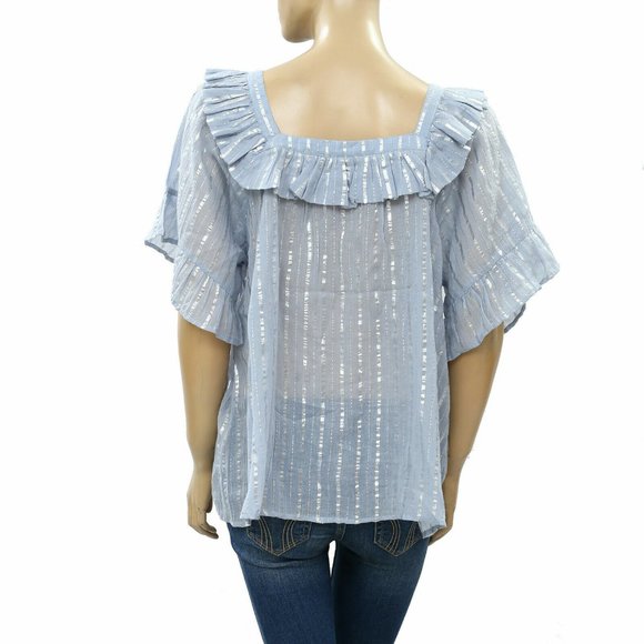 Anthropologie Leora Shimmer Metallic Stripe Blouse Top Buttondown Flowy L - Picture 3 of 4